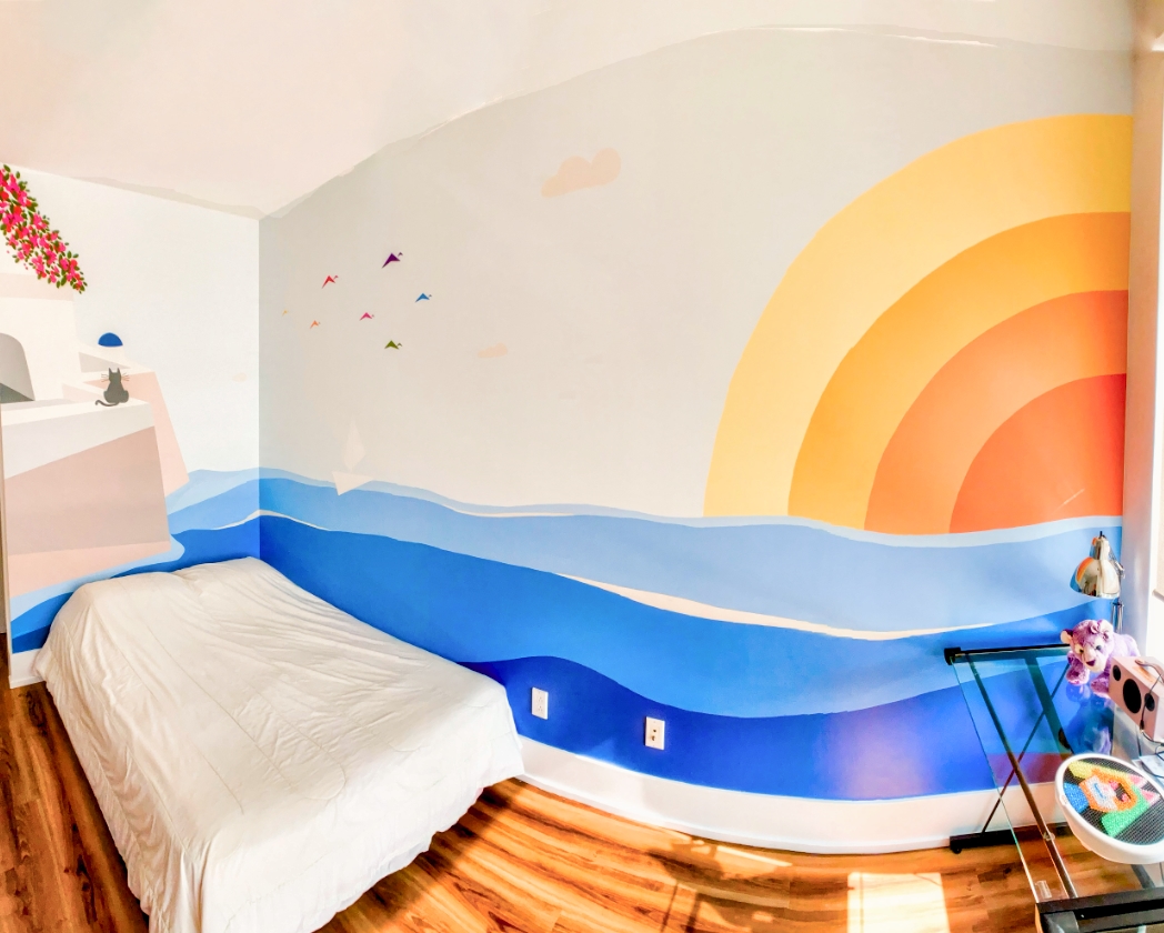 Santorini sunset mural wide view with white Greek buildings, black cat, ocean, bold sun, and colorful birds in flight