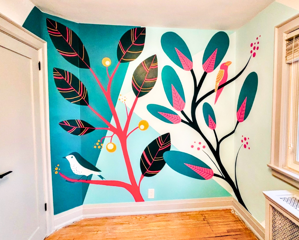 Tropical botanical tree mural with teal and pink leaves, hot pink branches, yellow berries, and two birds on teal wraparound walls